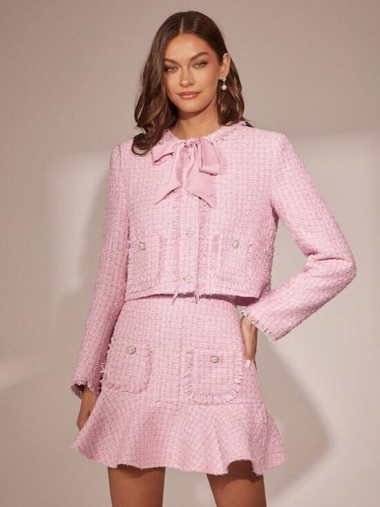 MODA ME COUTURE Dresses & Skirts - Pink Romantic Women's Pearl Buttons, Ruffle Hem tweed Mini Skirt ,
